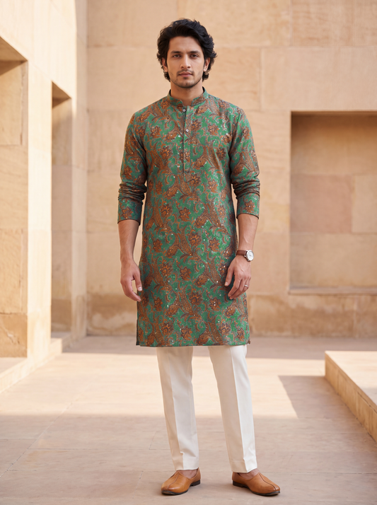 Green Silk Straight Cut Long Kurta Set with Sequin Work