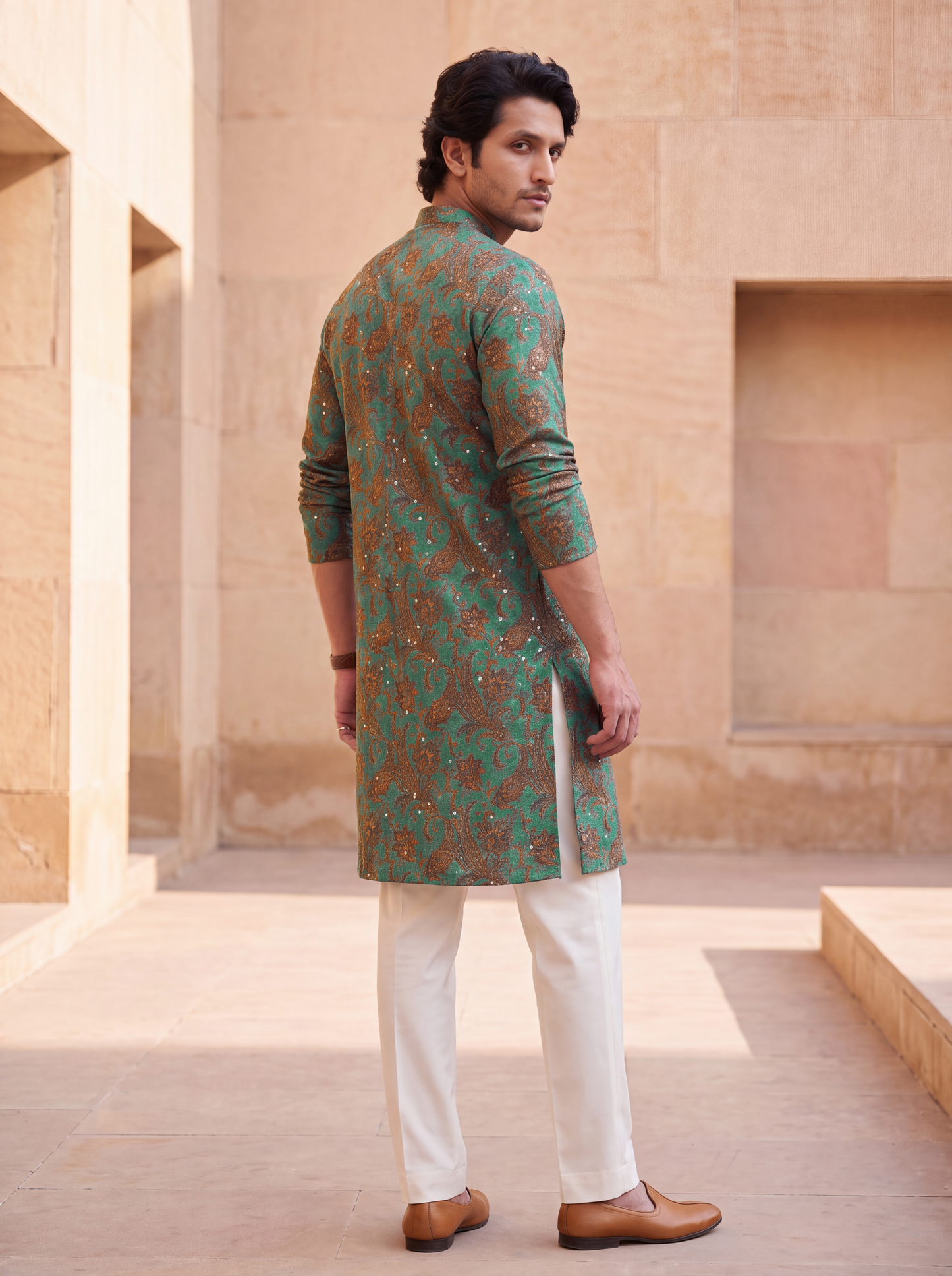 Green Silk Straight Cut Long Kurta Set with Sequin Work