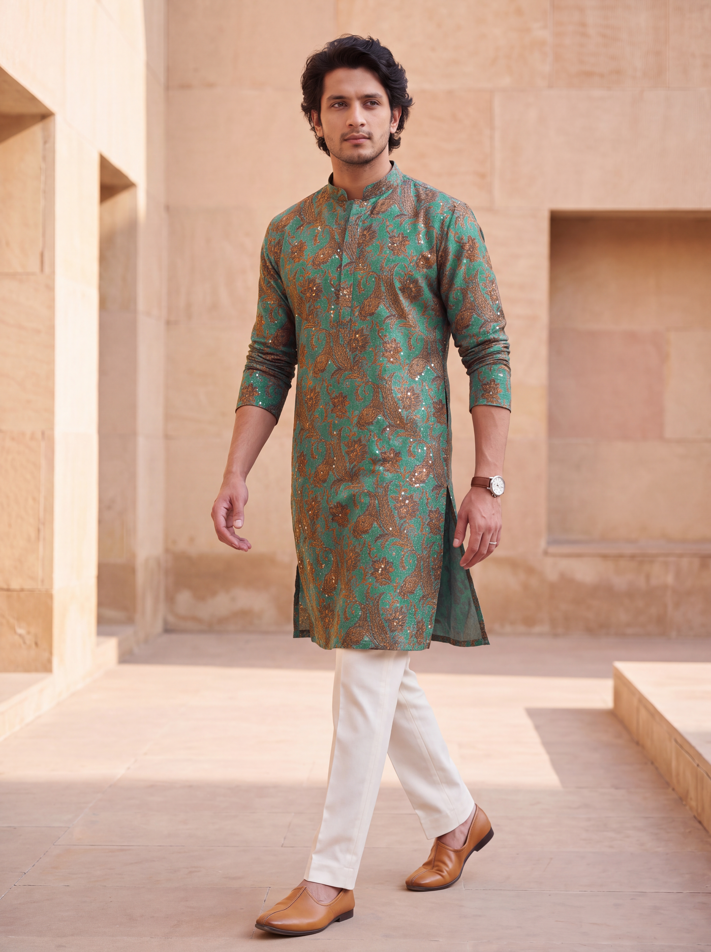 Green Silk Straight Cut Long Kurta Set with Sequin Work