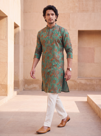 Green Silk Straight Cut Long Kurta Set with Sequin Work