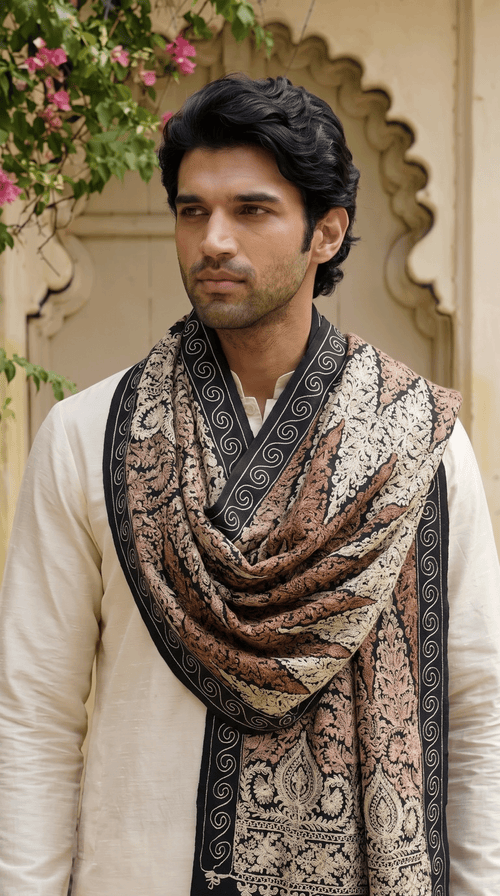 Blue Pashmina Jacquard Dupatta with Embroidery