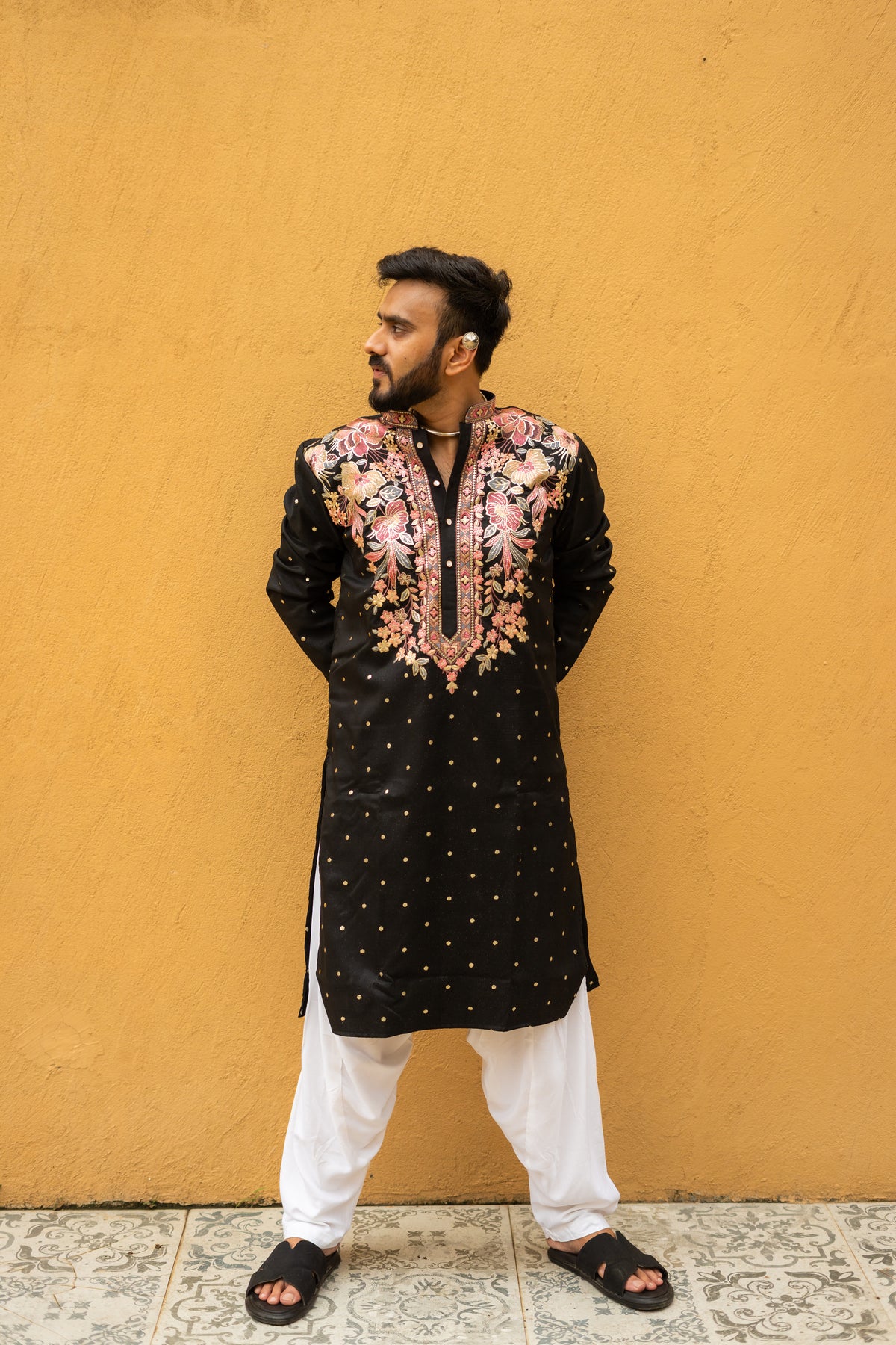 Men's Black Silk Foil & Multicolour Thread Work Embroidered Kurta Set