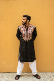 Men's Black Silk Foil & Multicolour Thread Work Embroidered Kurta Set