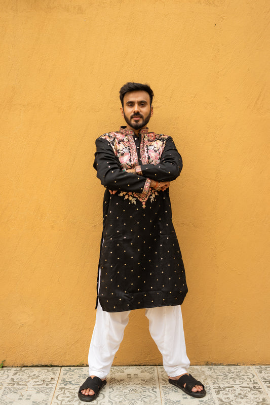 Men's Black Silk Foil & Multicolour Thread Work Embroidered Kurta Set