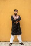 Men's Black Silk Foil & Multicolour Thread Work Embroidered Kurta Set