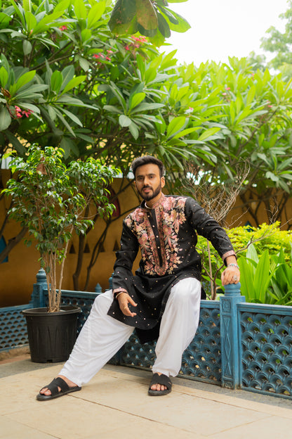 Men's Black Silk Foil & Multicolour Thread Work Embroidered Kurta Set