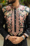 Men's Black Silk Foil & Multicolour Thread Work Embroidered Kurta Set