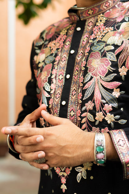 Men's Black Silk Foil & Multicolour Thread Work Embroidered Kurta Set