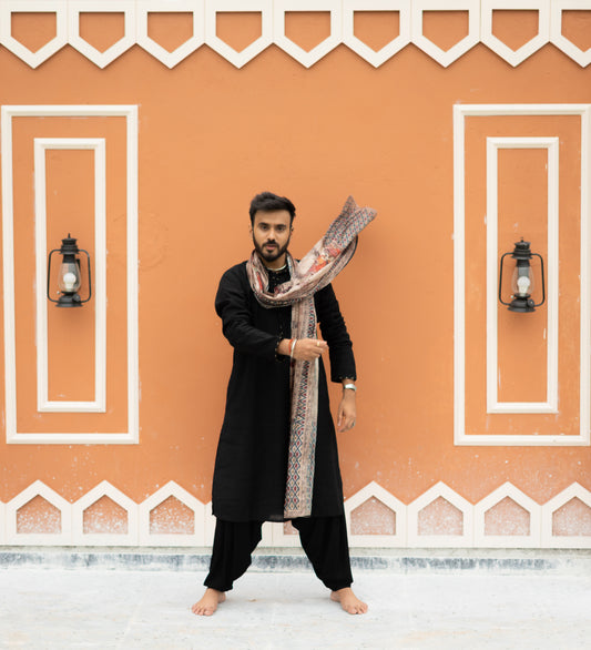 Men’s Black Sigma Silk Kurta with Digital Print Dupatta