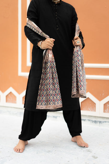 Men’s Black Sigma Silk Kurta with Digital Print Dupatta