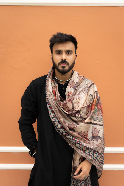 Men’s Black Sigma Silk Kurta with Digital Print Dupatta