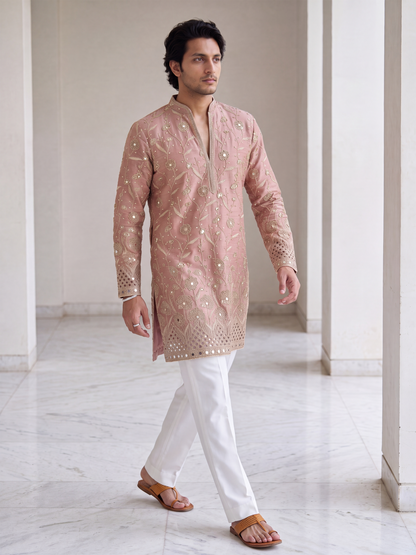 Peach Short Kurta Set with Mirror Embroidery