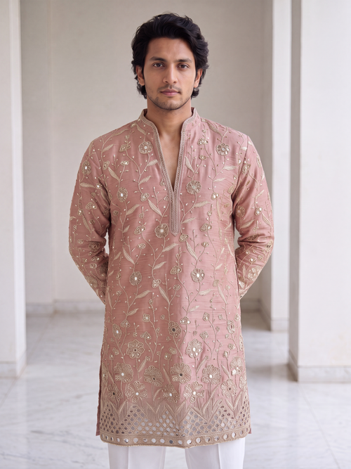 Peach Short Kurta Set with Mirror Embroidery
