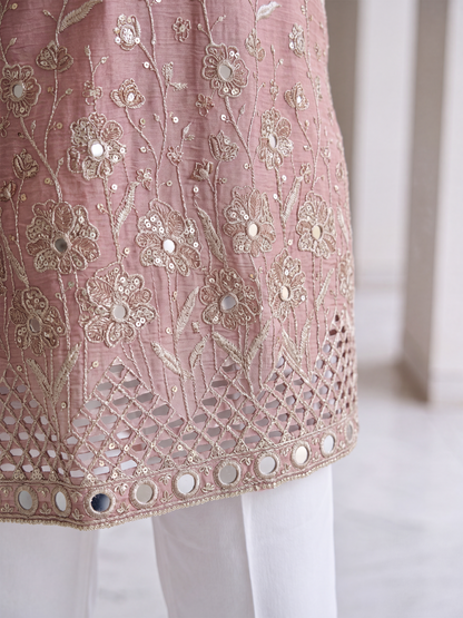 Peach Short Kurta Set with Mirror Embroidery