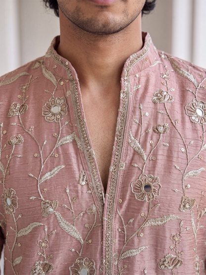 Peach Short Kurta Set with Mirror Embroidery