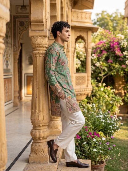 Sea Green Short Kurta Set with Position Print