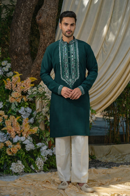 Forest Green Armani Kurta–Bottom Set with Sequins Mirror Work