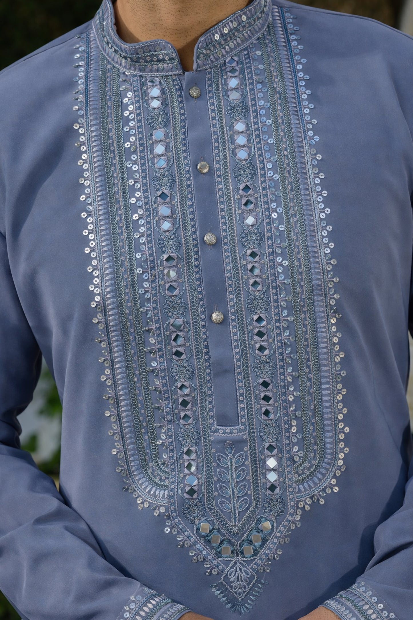 Slate Blue Armani Kurta–Bottom Set with Sequins Mirror Work