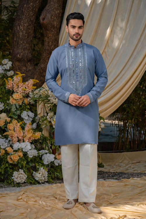 Slate Blue Armani Kurta–Bottom Set with Sequins Mirror Work