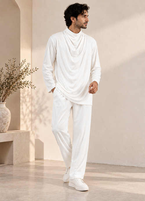 White Poly Cord Set with Cowl Neck