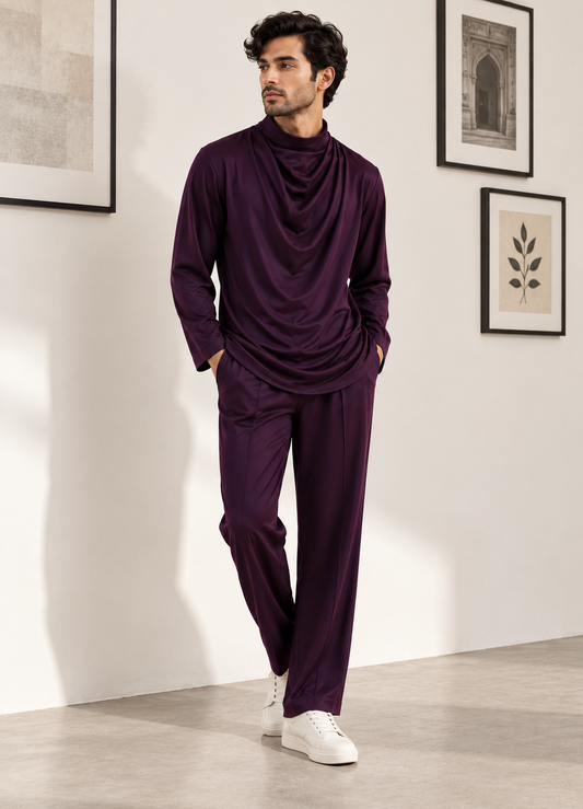 Wine Poly Cord Set with Cowl Neck